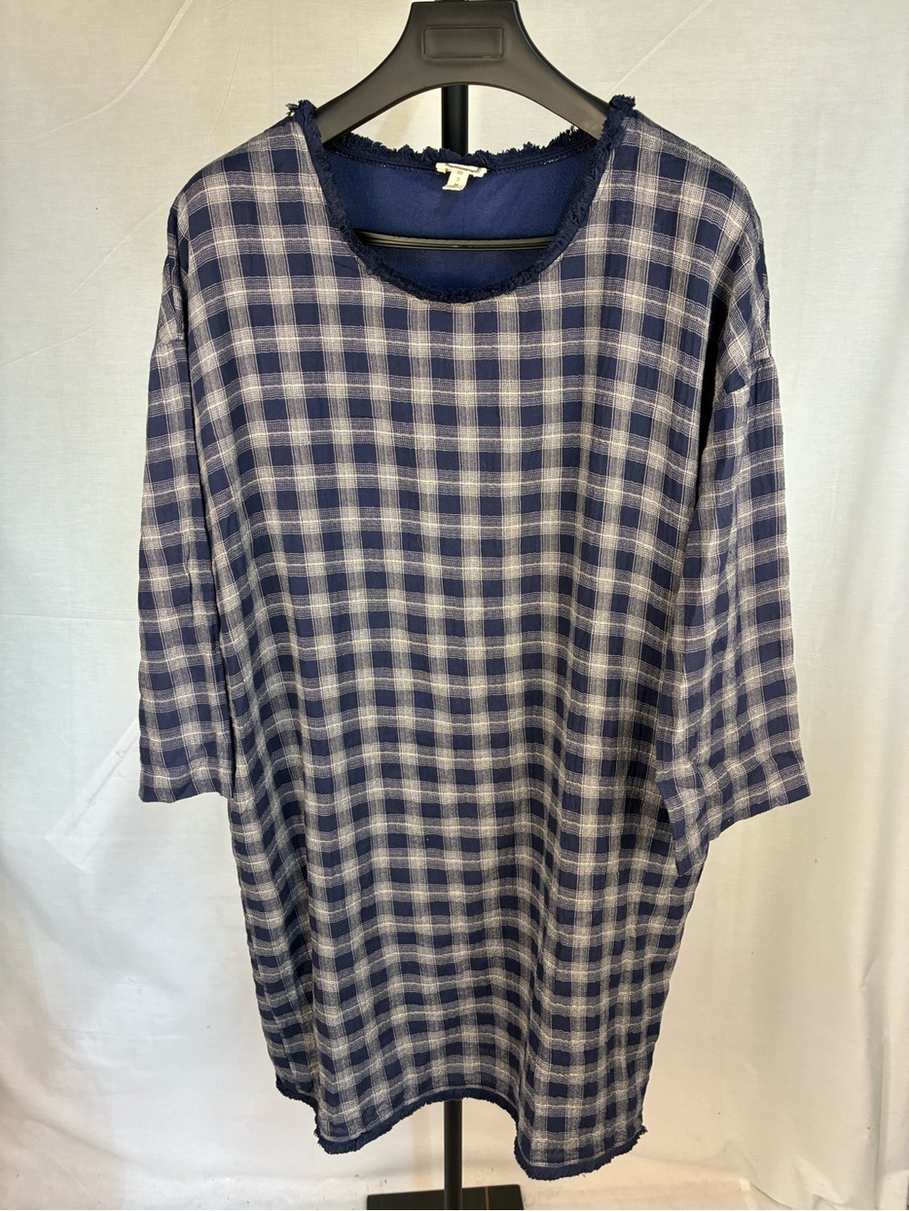 Mo:Vint Anthropologie Blue Plaid Raw Edge Tunic Dress L